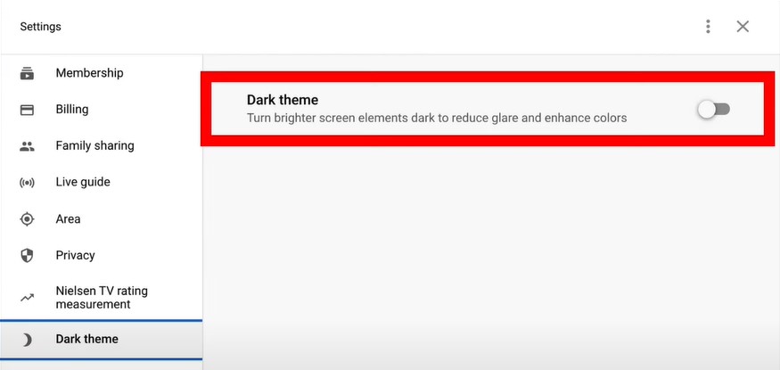 Click Dark Theme on YouTube TV