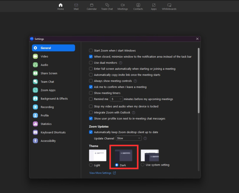 Click Dark to enable dark mode on Zoom