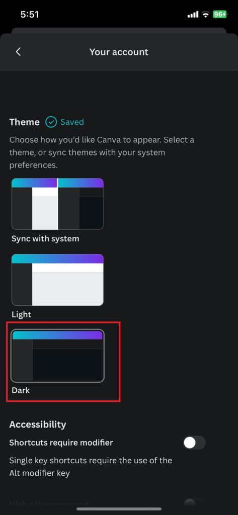 Choose the dark theme on the Canva app