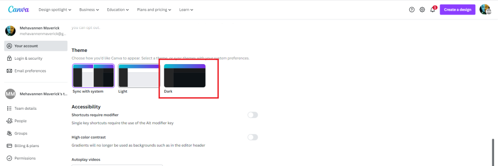 dark mode on Canva website