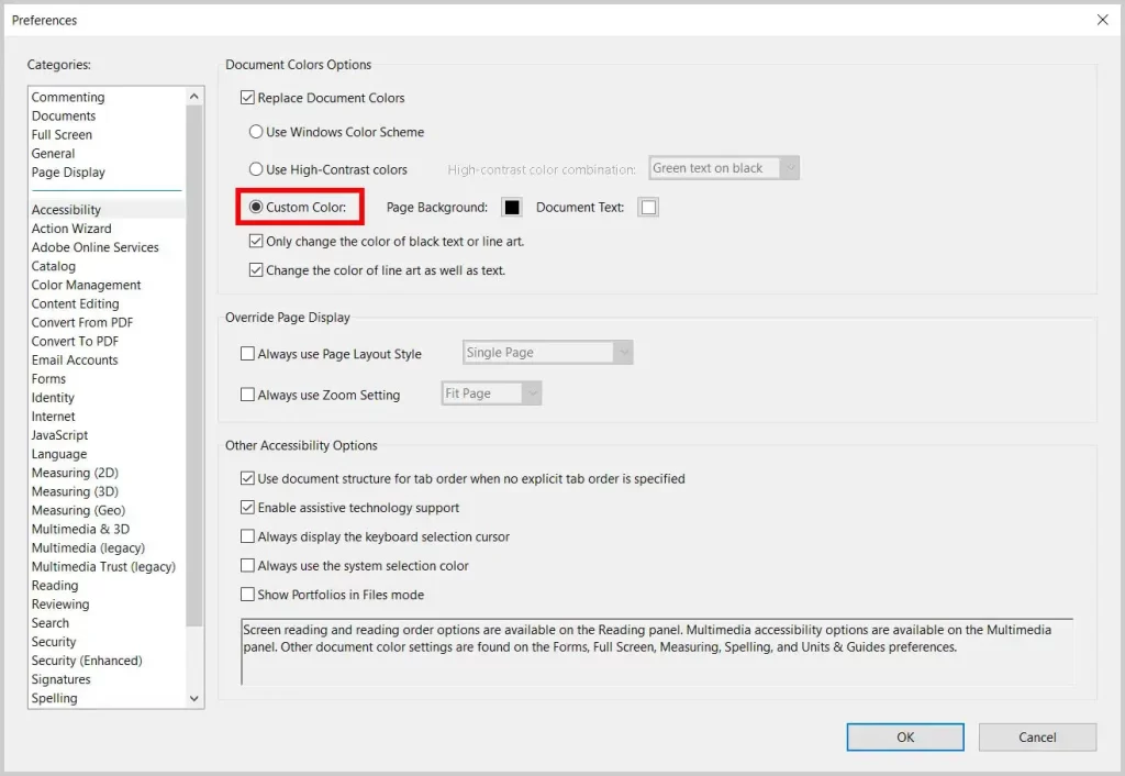 select the Custom Color option to Enable Dark Mode on Adobe Reader