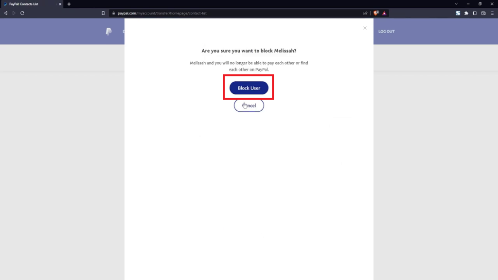 Tap the Block User button to block the PayPal user