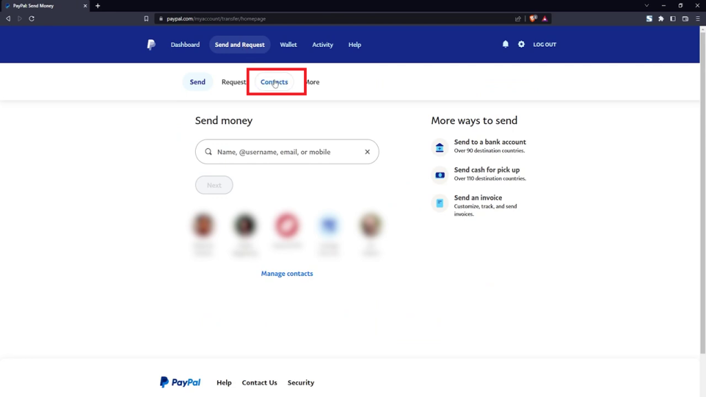 Choose Contacts on PayPal website
