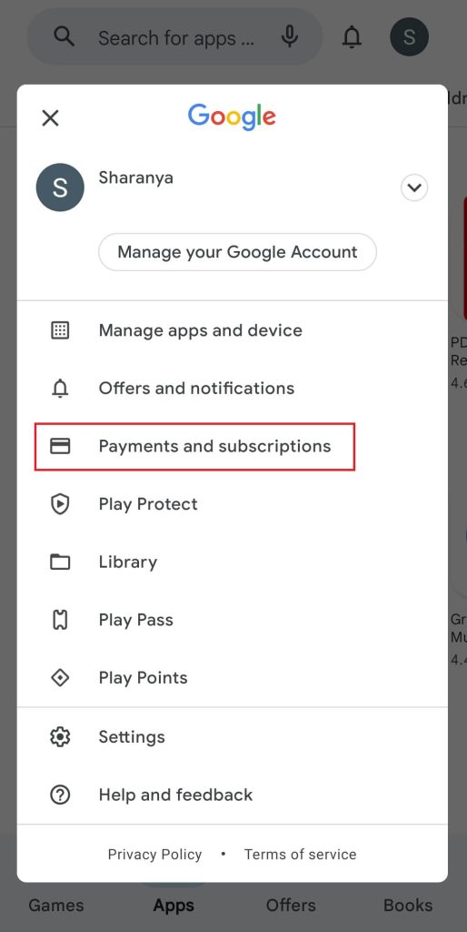  Select the Payments and subscriptions option