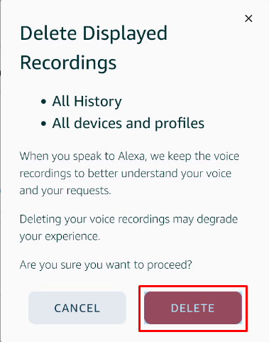 tap the Delete button to confirm deleting the Alexa History