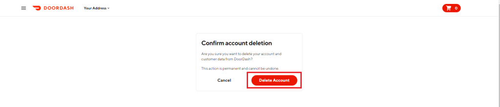Tap the Delete Account button to remove the DoorDash account permanentely