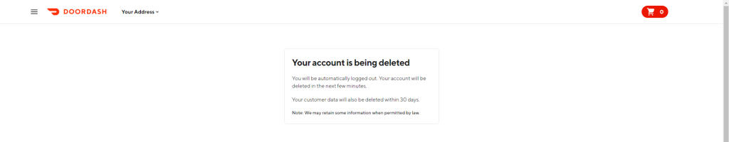 DoorDash Account deletion screen