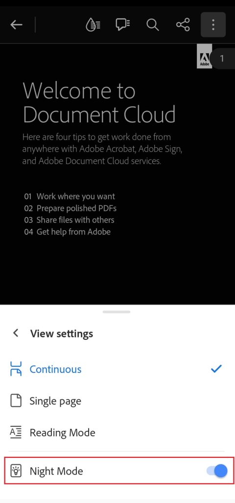 Enable the Night Mode on Adobe reader app
