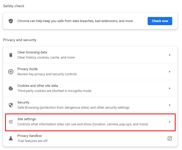click on the Site settings option to expand it