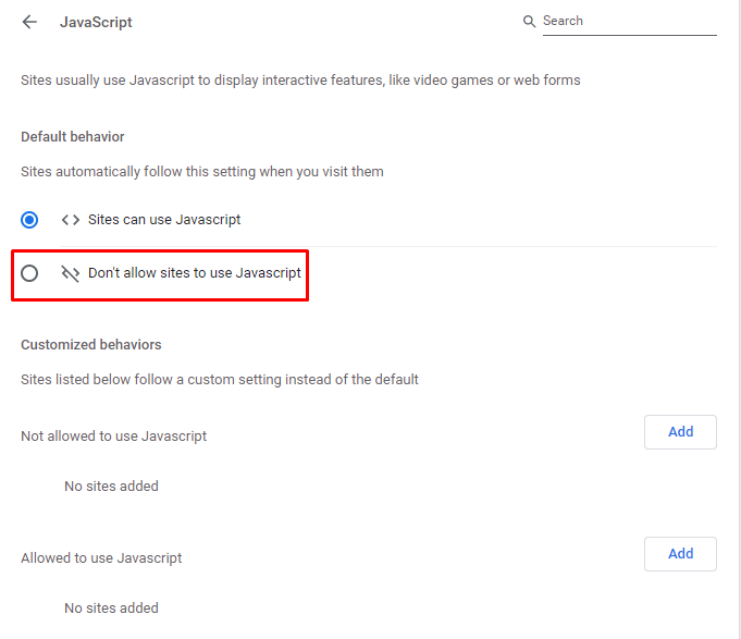 select the Don’t allow sites to use Javascript option to get rid of Google Doodles