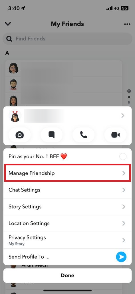 Tap the Manage Friendship button