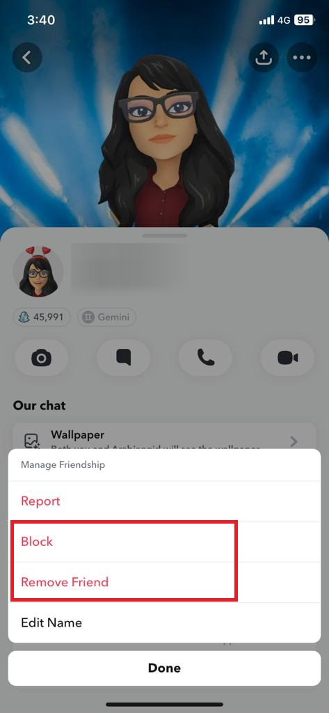 Choose Block or Remove Friend to hide your Snapchat score