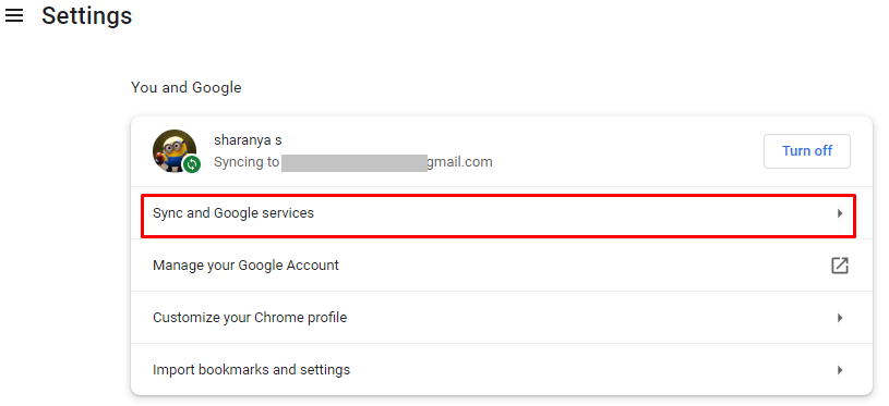  click on the Three-dots icon → Settings → Sync and Google Services option