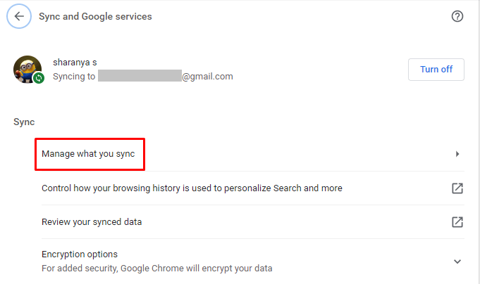 click on the Manage what you sync option