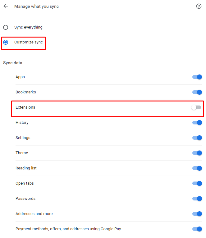 toggle off the switch next to the Extensions option to Remove on Chrome