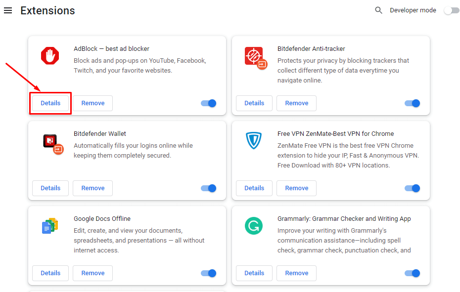 Click the Details button under the extension