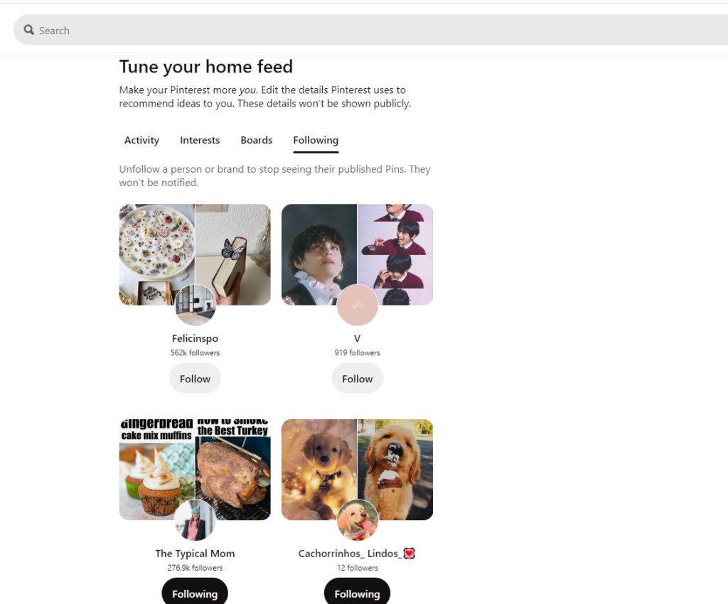 Unfollow accounts to reset Pinterest feed