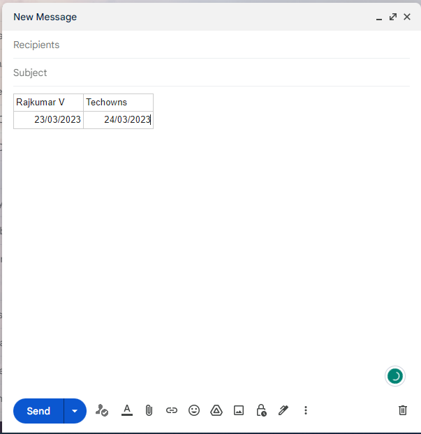 Paste the table in Gmail