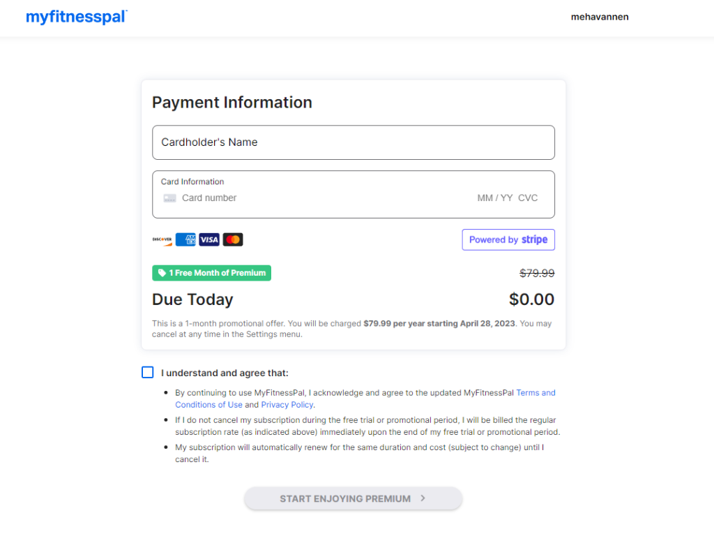 Enter card details to get MyFitnessPal Premium for Free