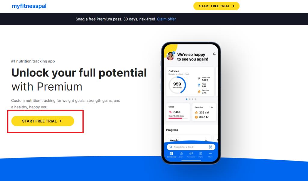 Click Start Free trial button to get MyFitnessPal Premium for Free