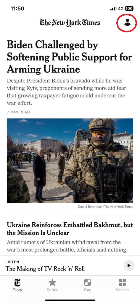 Click the Account icon on the NYTimes app