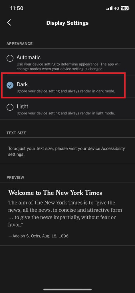 Dark Mode on NYTimes app