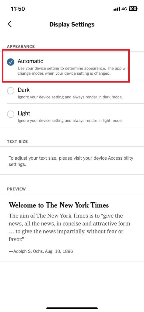 Choose Automatic on NYTimes app