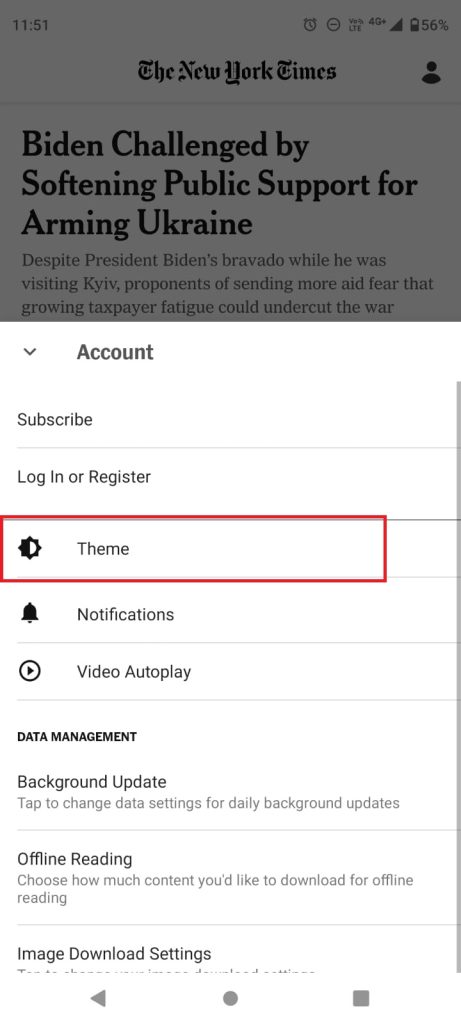 Select the Theme on Android NYTimes app