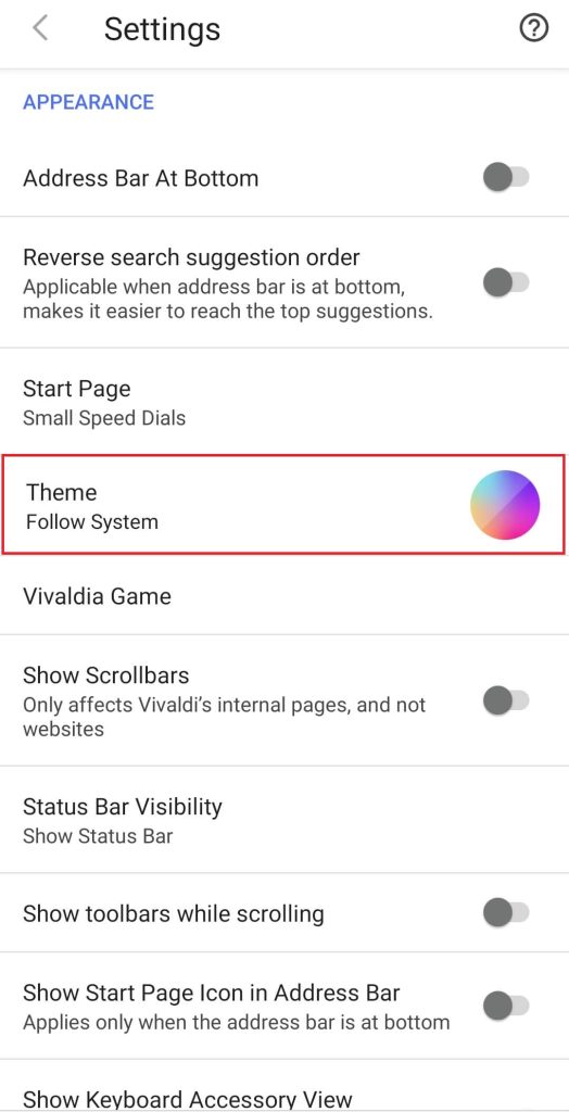 tap the Theme option to get the Vivaldi Dark Mode