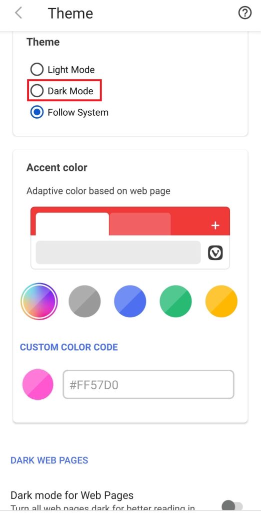 select the Dark Mode option on the Vivaldi browser.