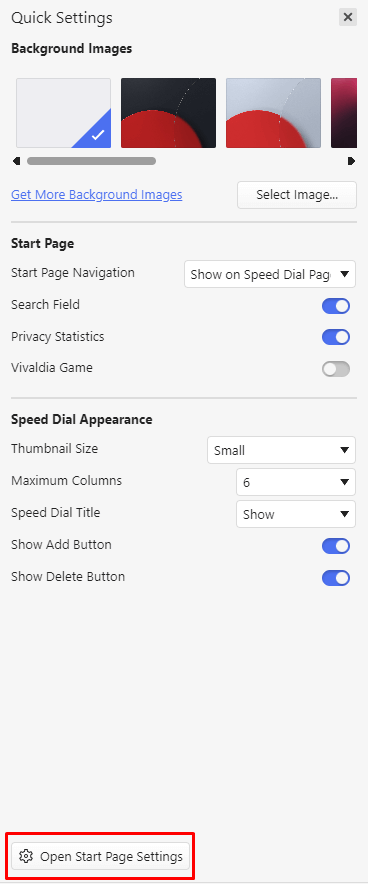 click on the Open Start Page Settings button