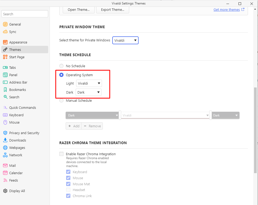 Turn on Vivaldi Dark Mode from Theme Schedule section