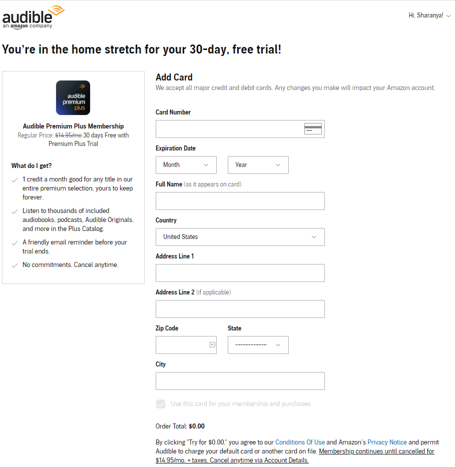 provide the card details to get Audible free trial