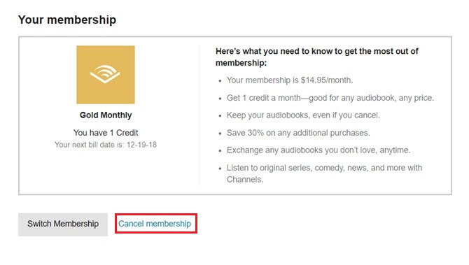 click on the Cancel membership button to cancel Audible free trial