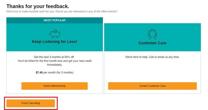 click the Finish Canceling button to cancel Audible free trial