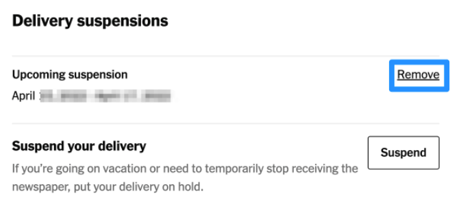 Select the Remove button next to the Upcoming suspension option.