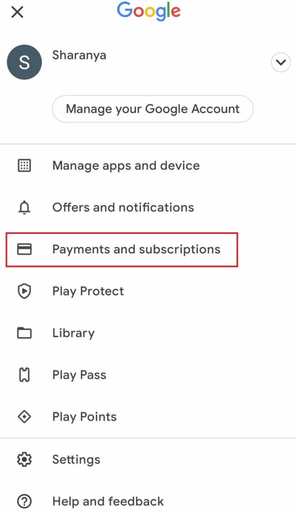 choose the Payments and Subscriptions option