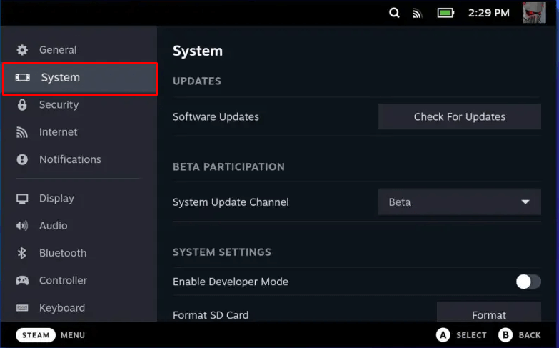 select System on the left side panel