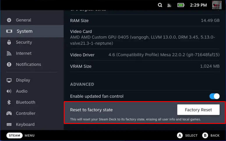click on the Factory Reset button on Steam Deck