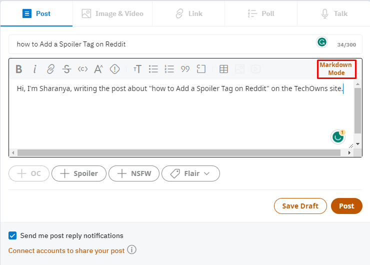 click on the Markdown Mode button to mark as spoiler on Reddit