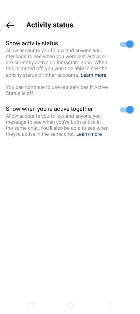 Disable the toggle to appear offline on Instagram