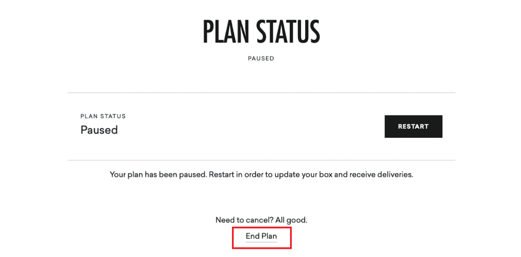  click on the End Plan option  to Cancel Daily Harvest Subscription