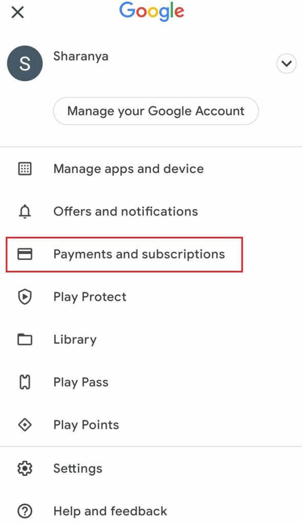 Select the Payments and subscriptions menu