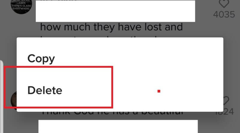 click on the Delete option to delete comment on TikTok