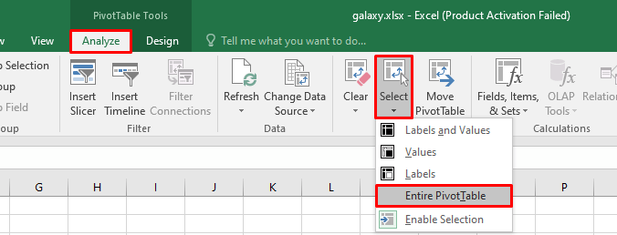 choose the Entire PivotTable option Under select option