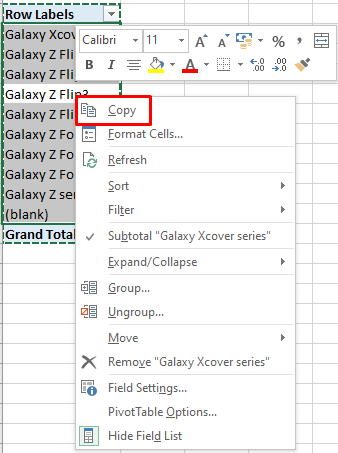 Copy the pivot table