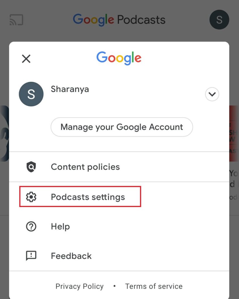 Select the Podcasts settings option