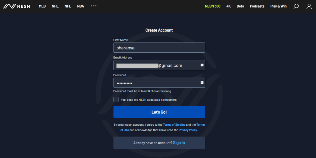 create an account to Sign Up for NESN 360 Account