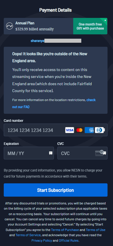 NESN 360 Free Trial- provide your card details