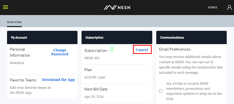 Select the Account Settings option to cancel NESN 360 Free Trial